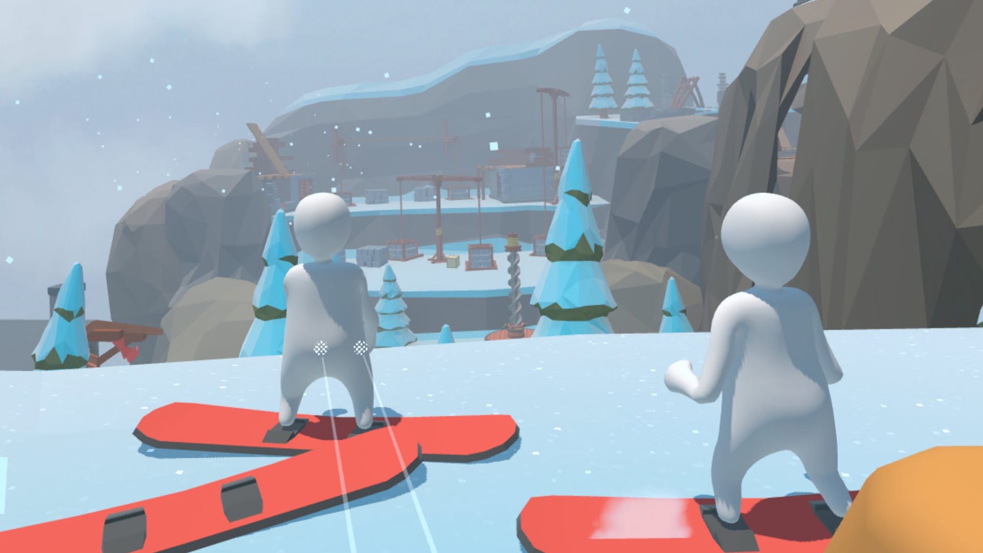 Human Fall Flat VR screenshot shows two characters snowboarding towards a hill