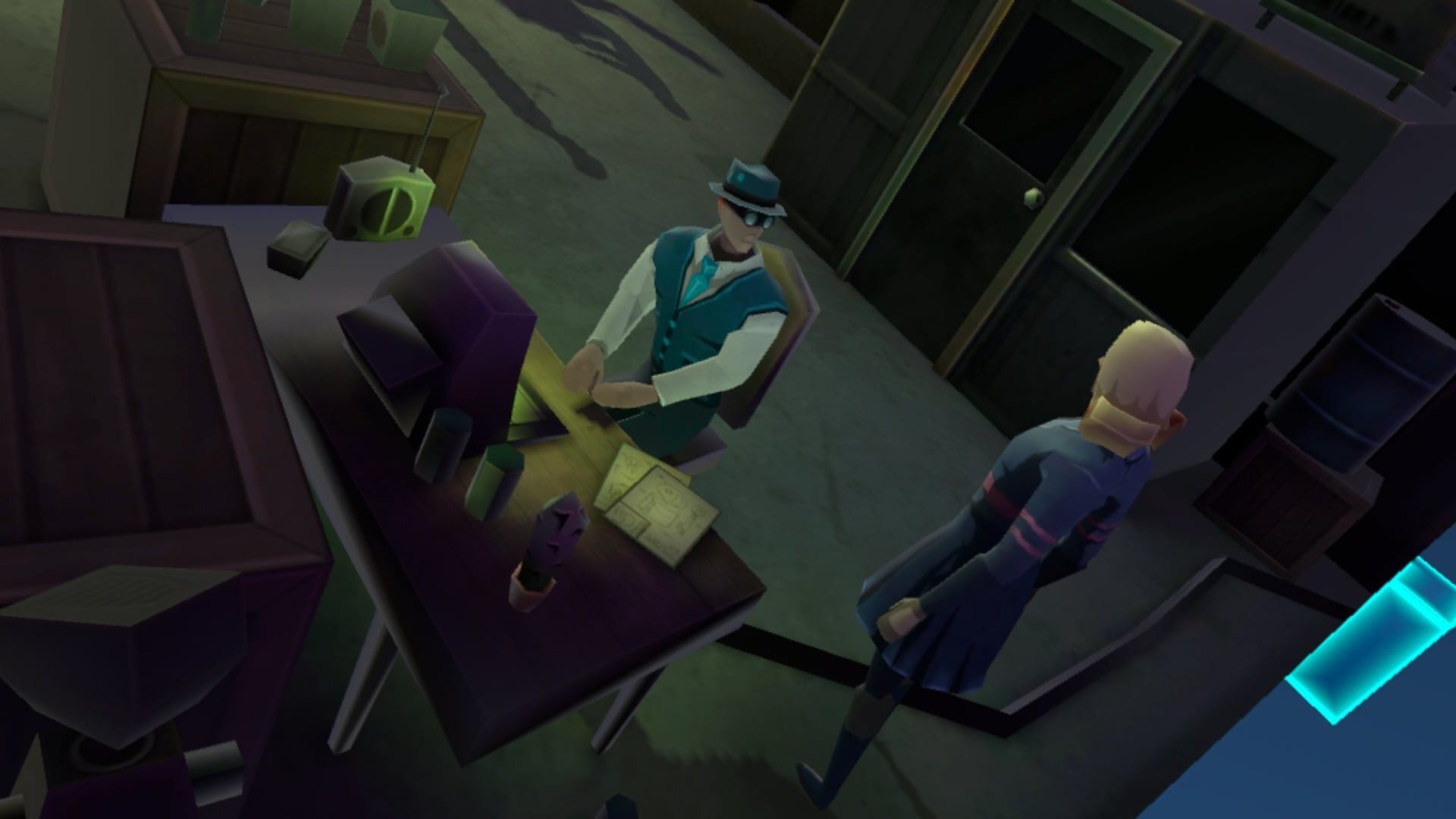 Willa from Augmented Empire talking to Chris, who is sitting at his desk