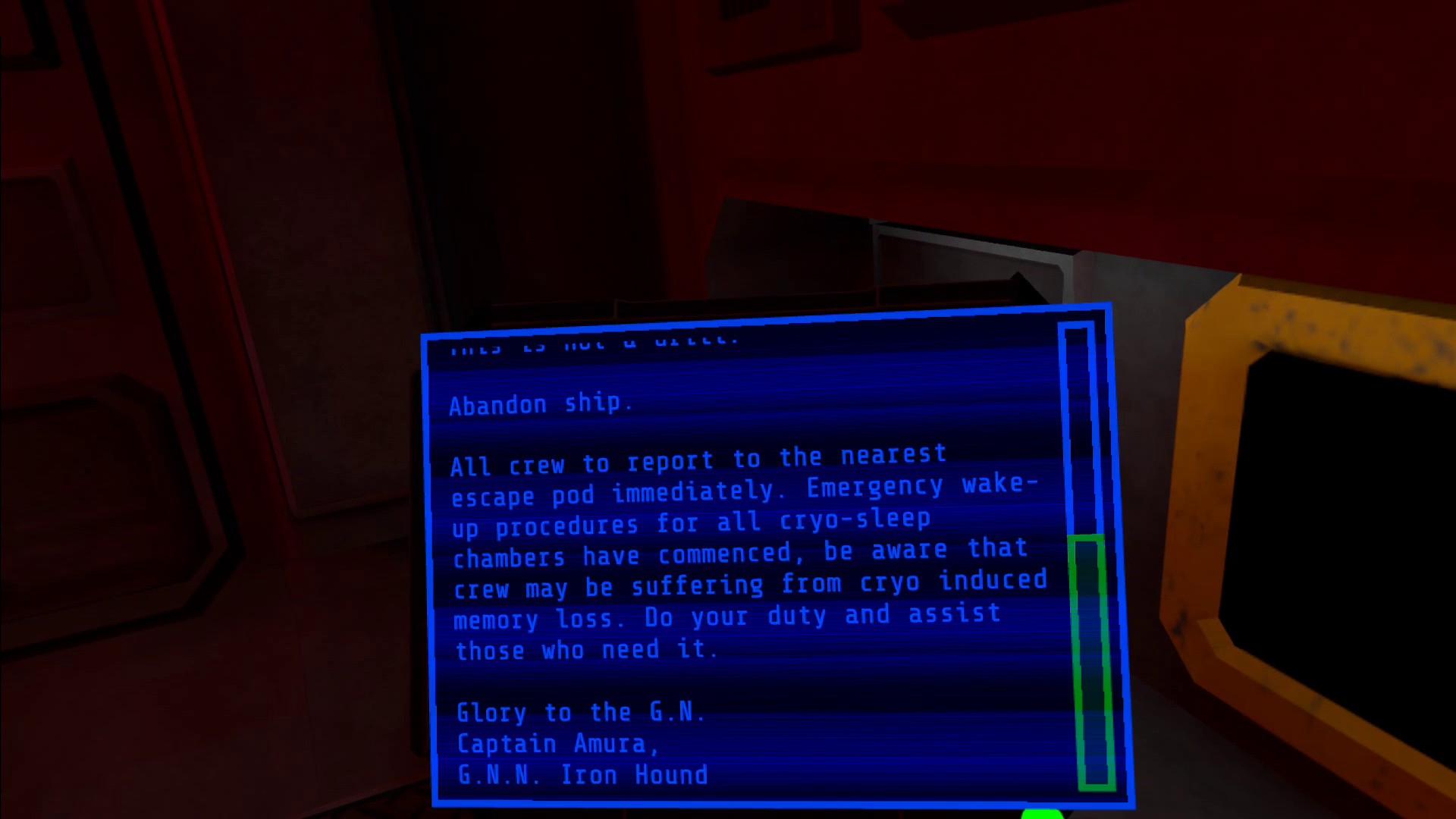 By Grit Alone screenshot shows a digital text log with a blue background on an abandoned ship