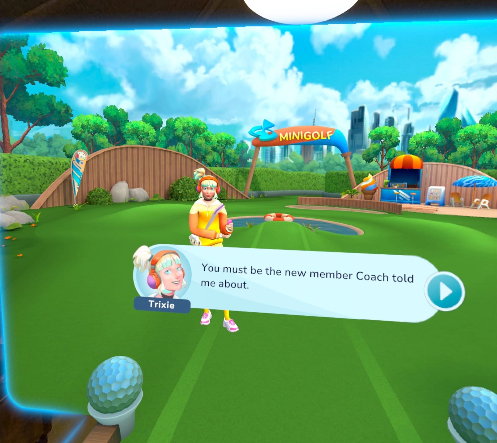 Home Sports screenshot shows a character called Trixie talking to you on a mini golf course