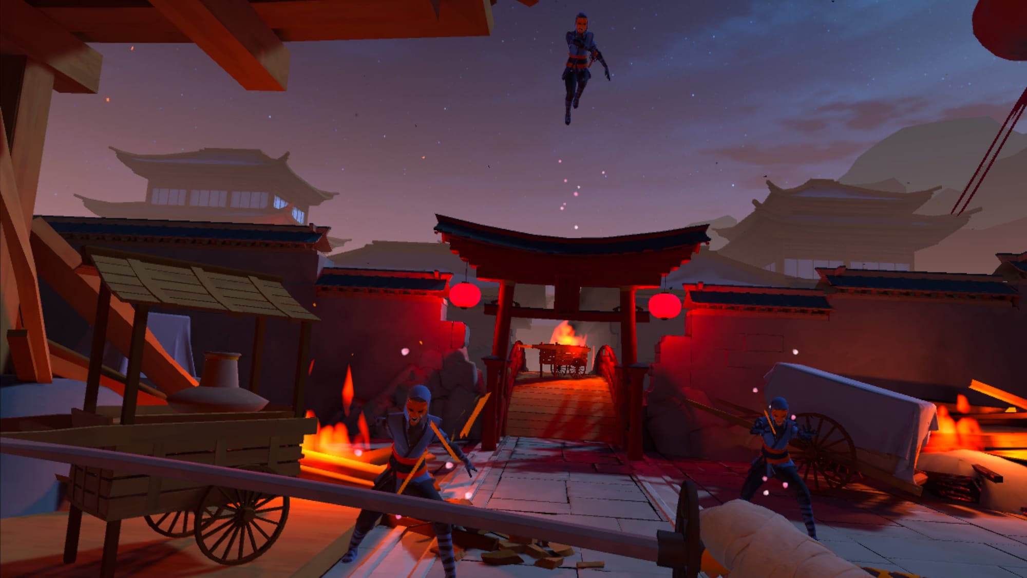 Action Hero screenshot shows ninjas in masks attacking someone holding a sword as the surrounding village burns