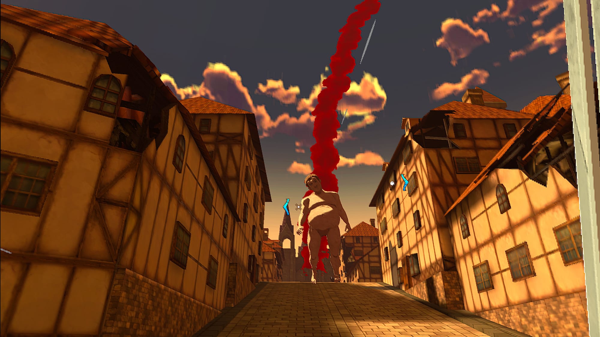 Attack on Titan VR: Unbreakable screenshot shows a titan walking down a street with red smoke behind it