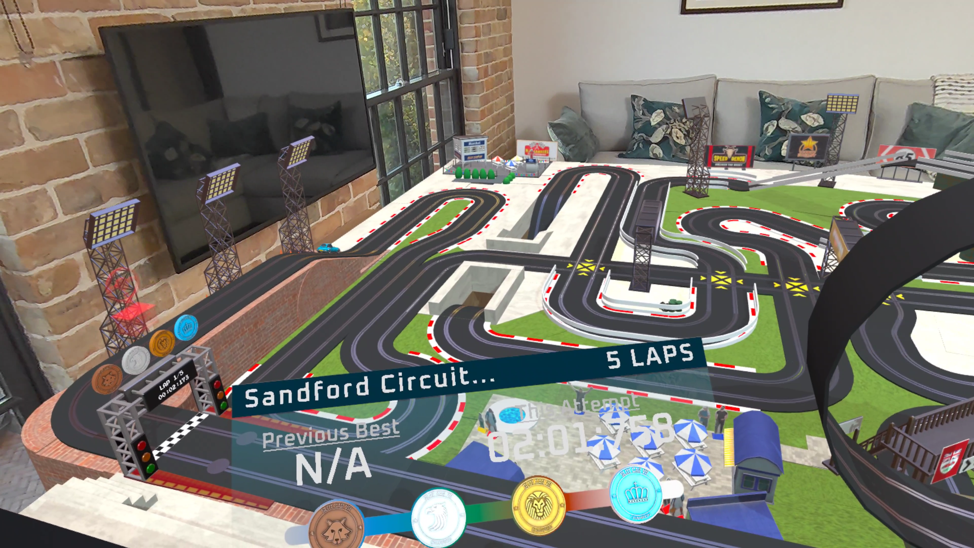 Slot Car VR screenshot showing a race track in mixed reality.