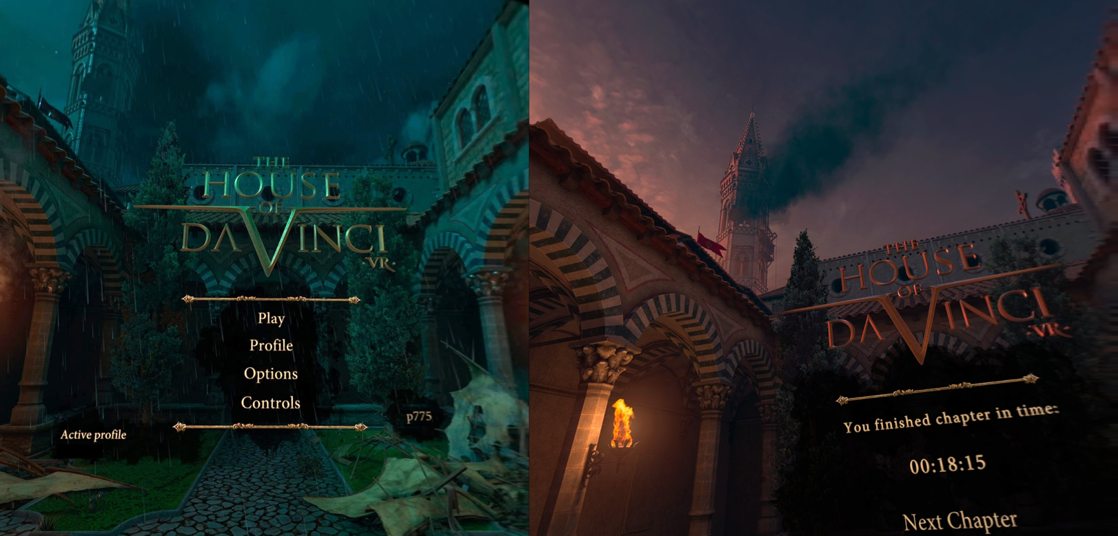 Two colorful menus from The House of Da Vinci VR showing changes in the environment