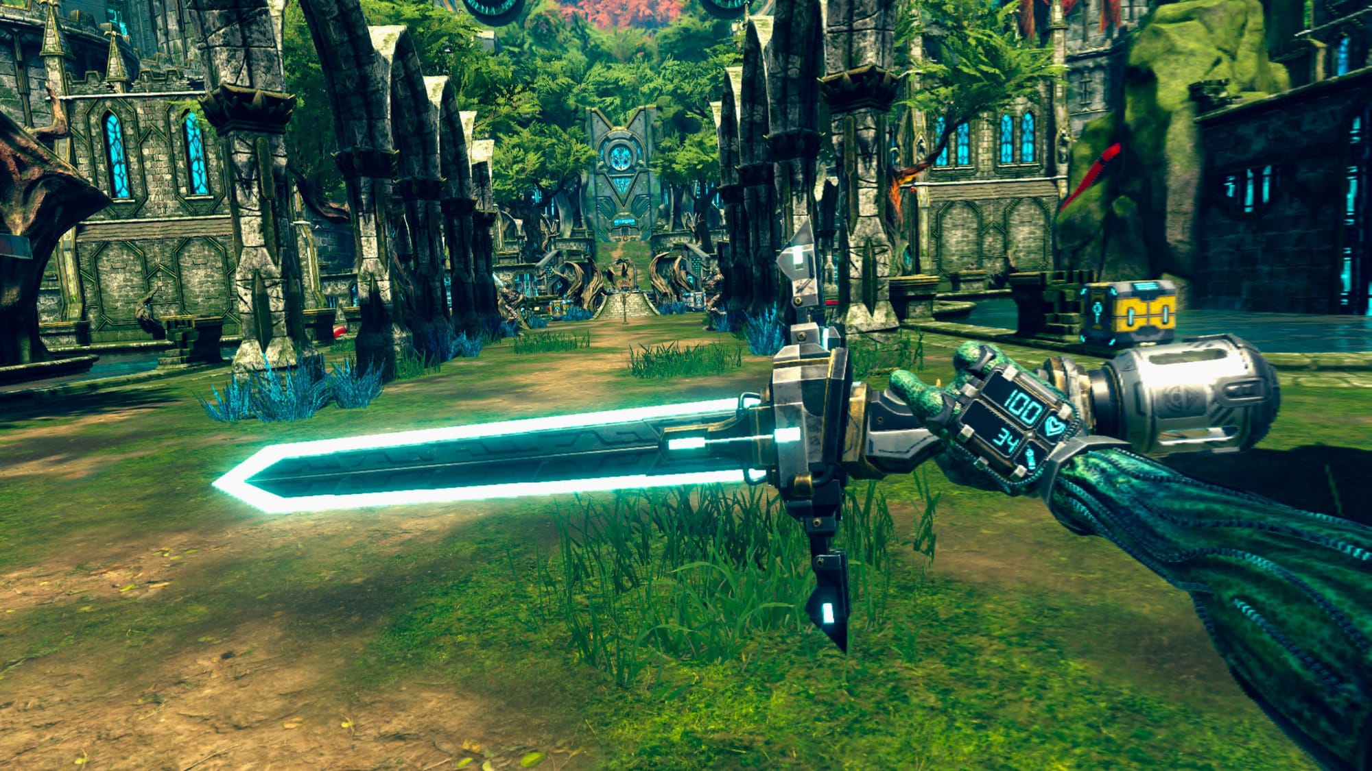 Arken Age screenshot shows someone holding a sword with stone buildings in the background