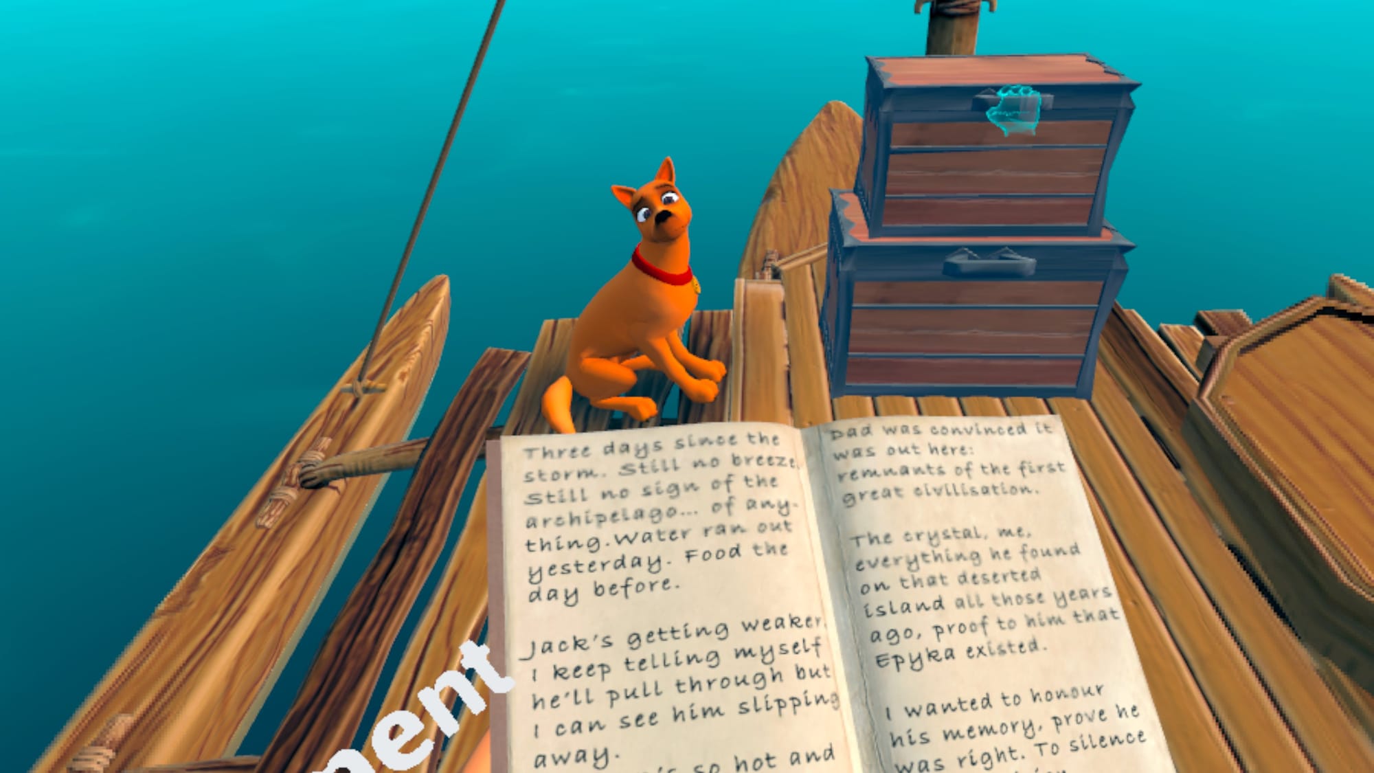 Epyka screenshot shows you on a raft looking a notebook with your dog looking at you