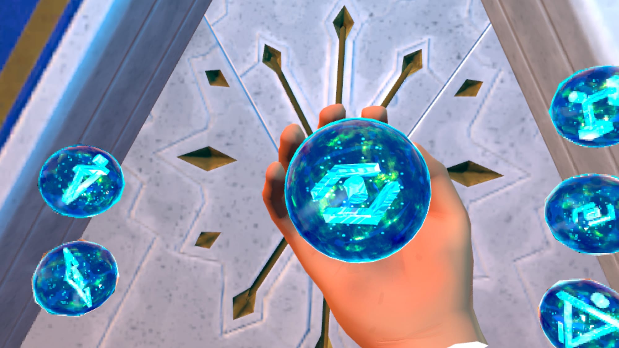 Epyka screenshot shows the player's hand holding a crystal ball as other crystals float near you