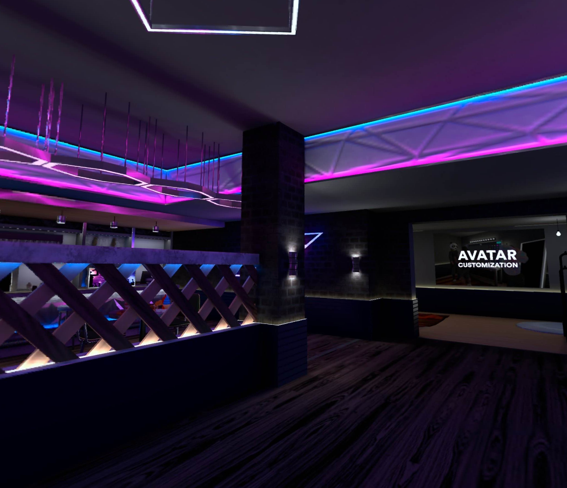 A virtual bar with sleek decor, purplish-blue lighting and a clear sign in the back that says "avatar customization".