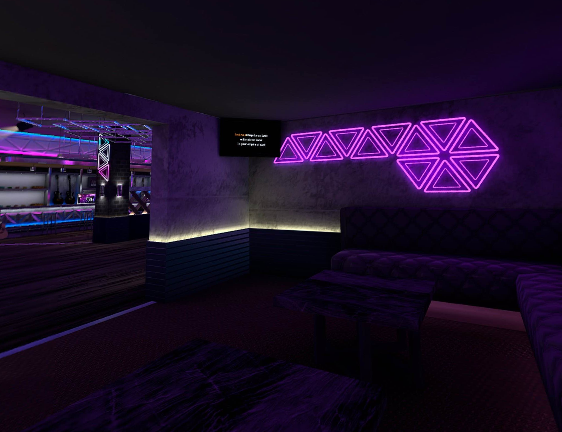 A side room in a virtual bar with a karaoke screen, purplish decor, and neon lighting on the wall.