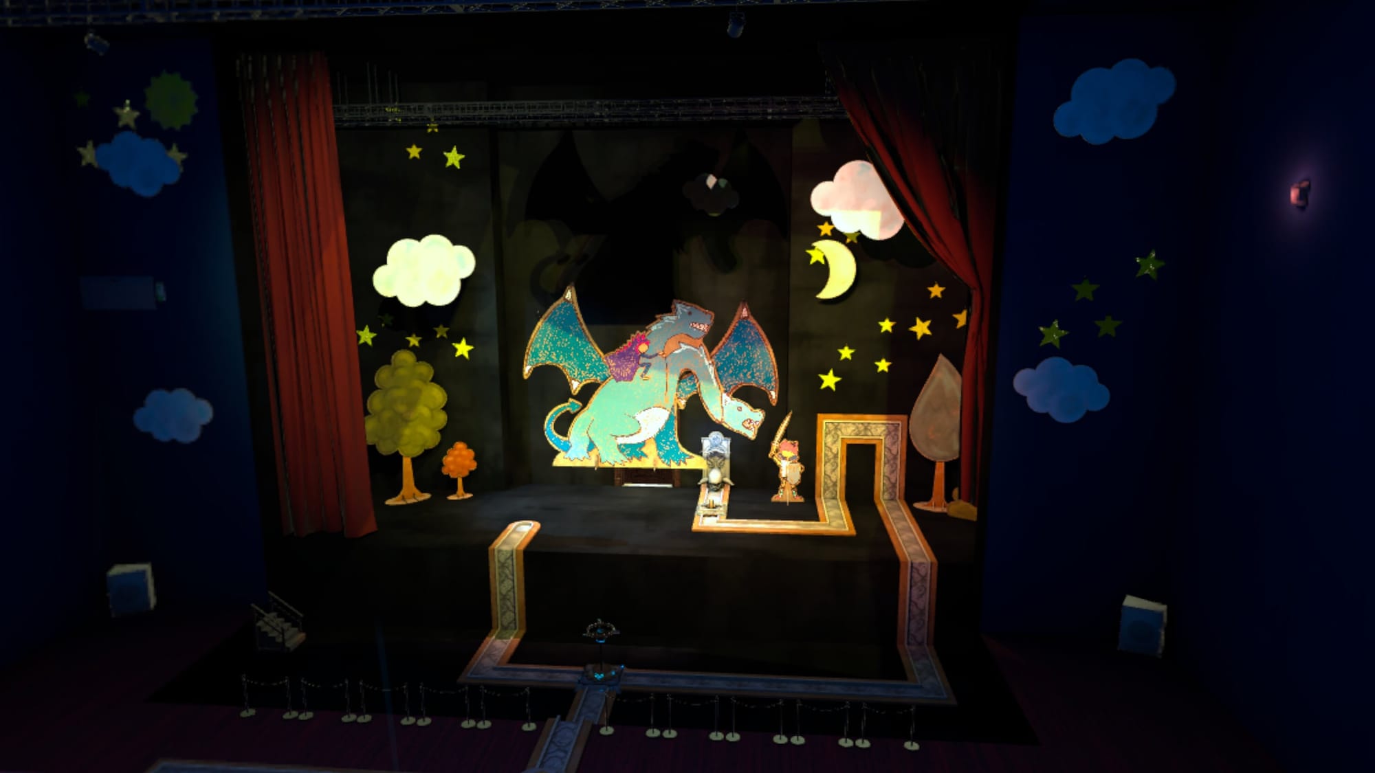 Selina: Mind at Large screenshot shows a kids stage show with a dragon being battled against