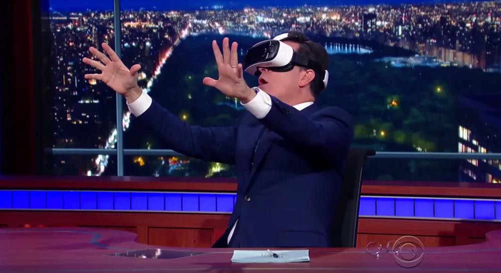 Stephen Colbert tries the Gear VR on the Late Show