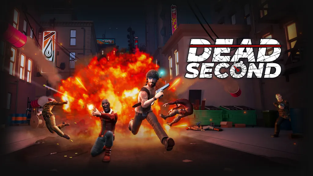 Dead Second game splash art which shows 1990s action game-inspired characters shooting guns and running from explosions.