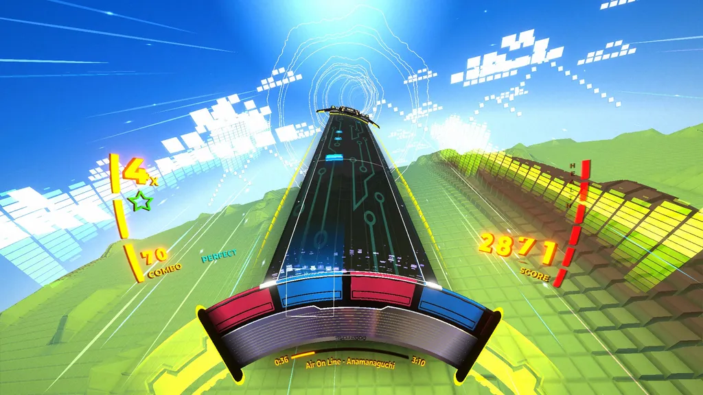 The board of Spin Rhythm XD while playing Air on Line by Anamanaguchi, it has a grass field background.