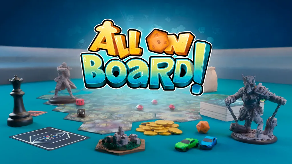 A series of boardgame tokens and figurines are displayed around the logo "All On Board" where the O is a D20 dice