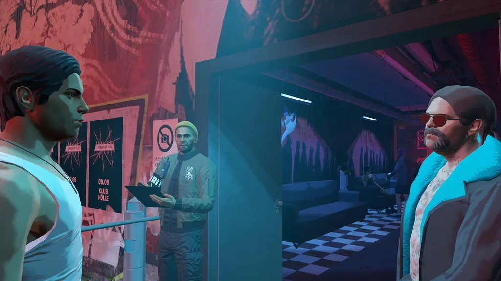 Hitman 3 VR Reloaded screenshot shows two bouncers at a club's entrance as you try to get inside