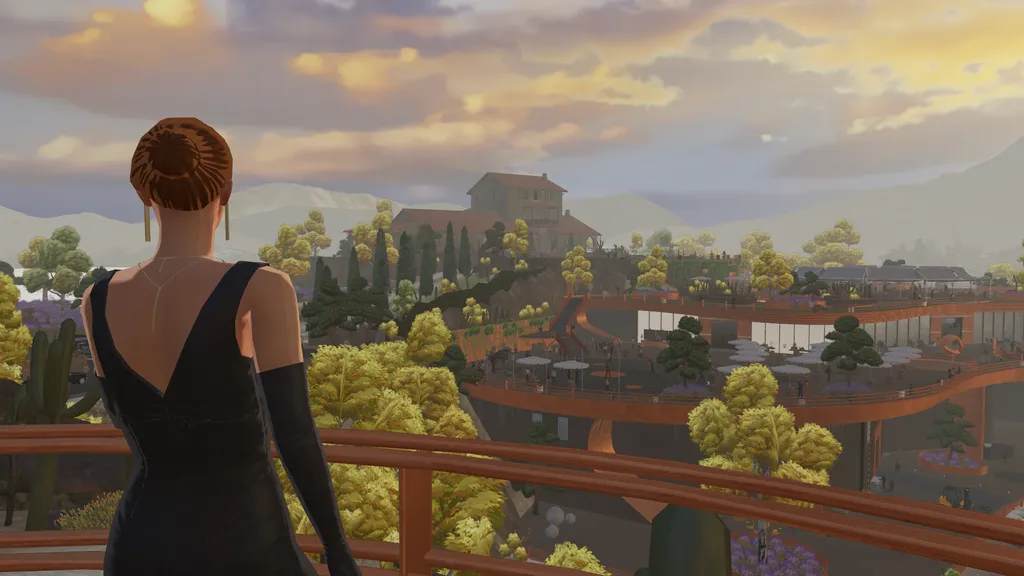 Woman in a dinner party dress looking towards a nearby mansion from a vantage point