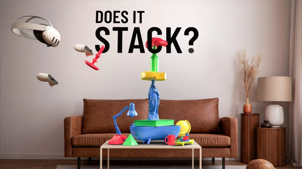 Does It Stack? key art shows colorful objects being on a living room table