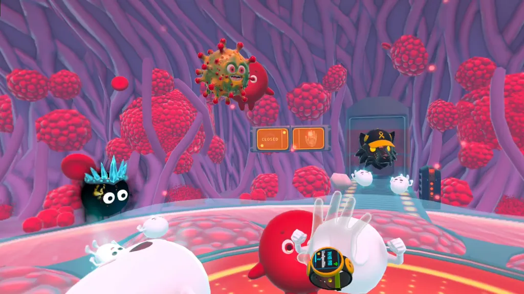 Grokit Cancer Blaster screenshot, which shows players attacking cancer cells.