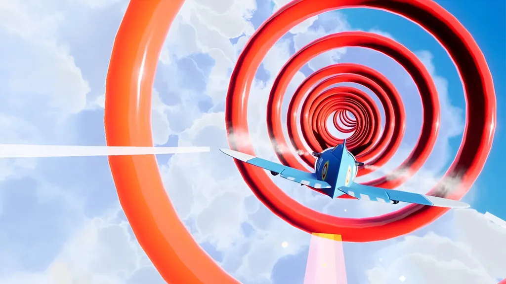 Kid Pilot screenshot shows a plane flying through giant red rings