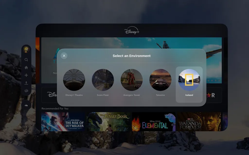 Apple Vision Pro Disney+ app with the Iceland environment highlighted