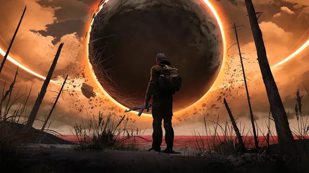 A man standing in front of a strange sphere-like anomaly with debris floating around it in Into the Radius 2.