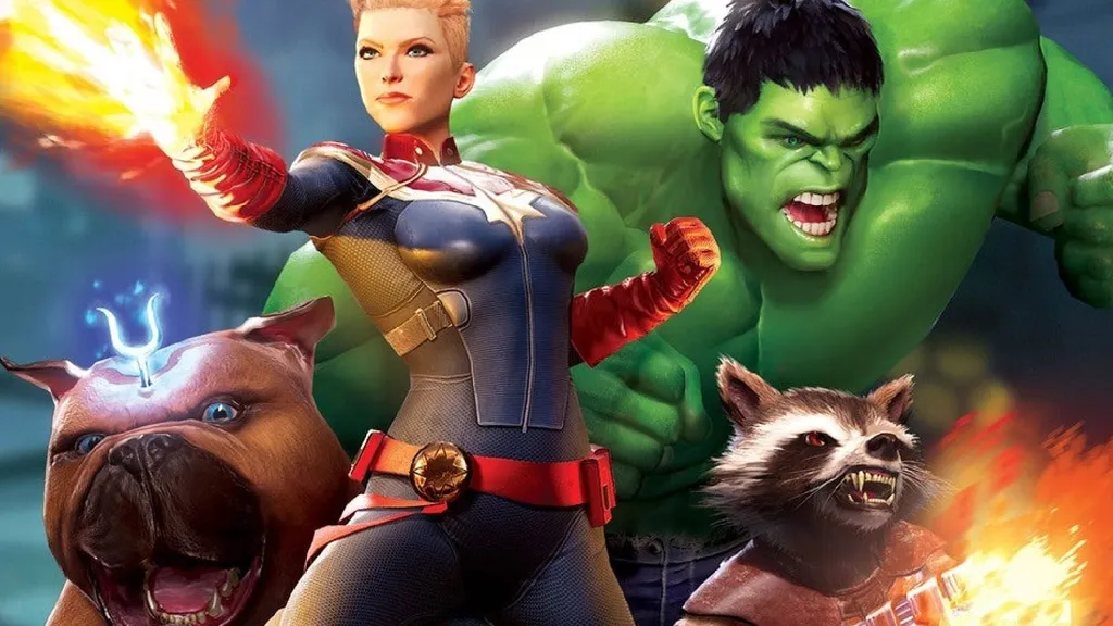 Captain Marvel, Hulk, Lockjaw, and Rocket Raccoon using their abilities in Marvel Powers United VR key art