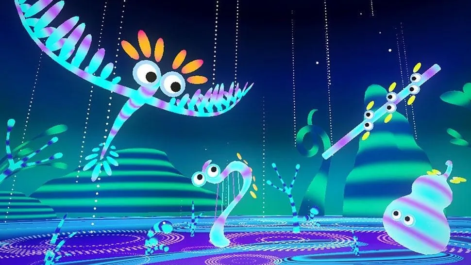 Several animated characters in a fully virtual, psychedelic environment