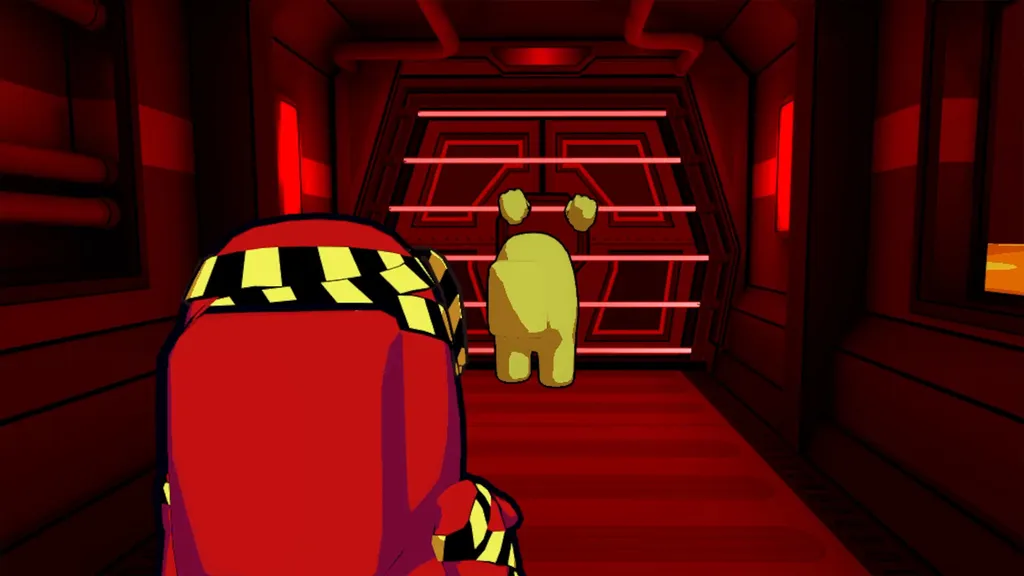 Two Among Us VR players trapped in a room with red lighting and a barred door