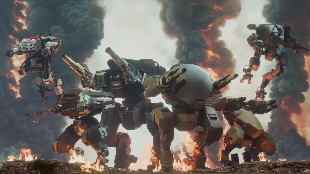 Six mechs in formation across a burning field with smoke in the background