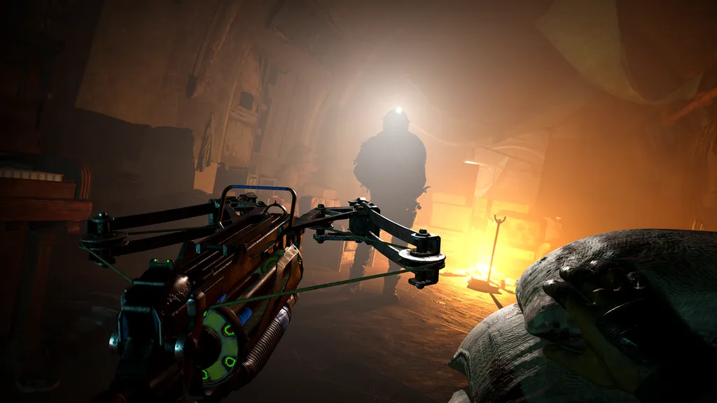 Metro Awakening screenshot shows someone holding a crossbow pointed at a distant figure