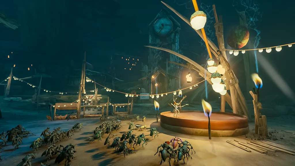 Metamorphosis VR screenshot shows a group of insects surrounding a well lit stage