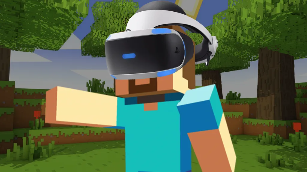 Minecraft screenshot of Steve with a PlayStation VR headset photoshopped over him