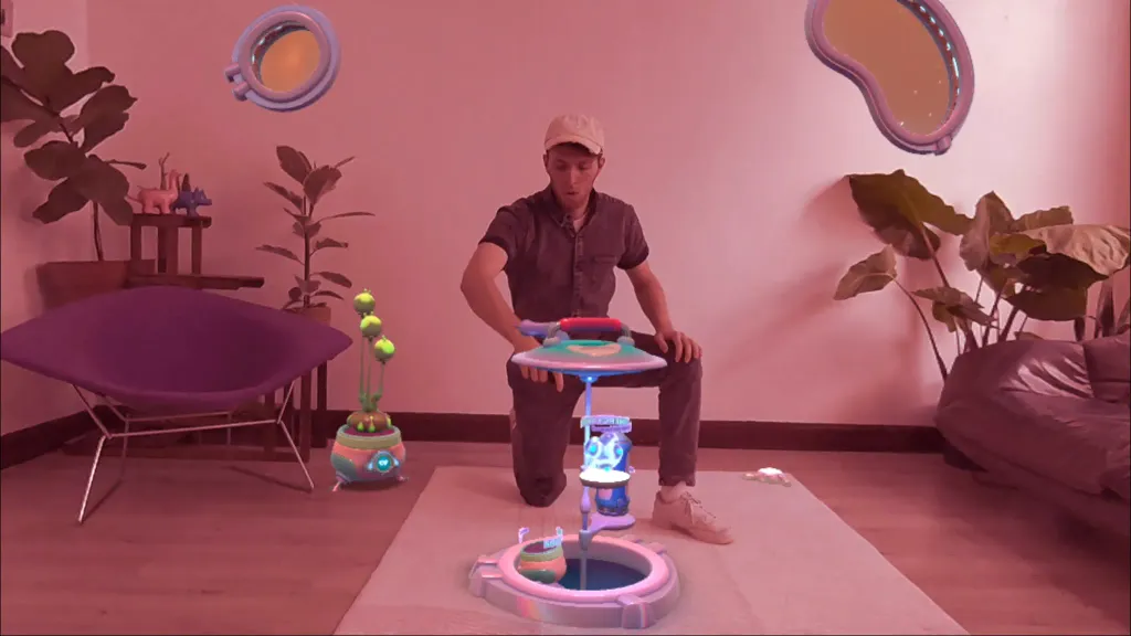 A man kneeling in a room behind a digital hatch