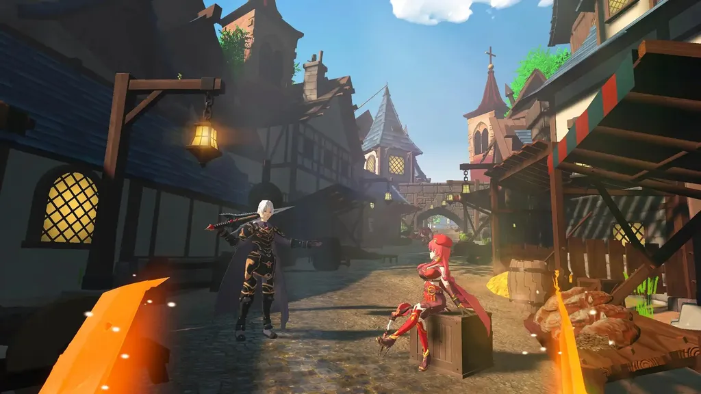 Sword Reverie screenshot shows two nearby characters in a fantasy town