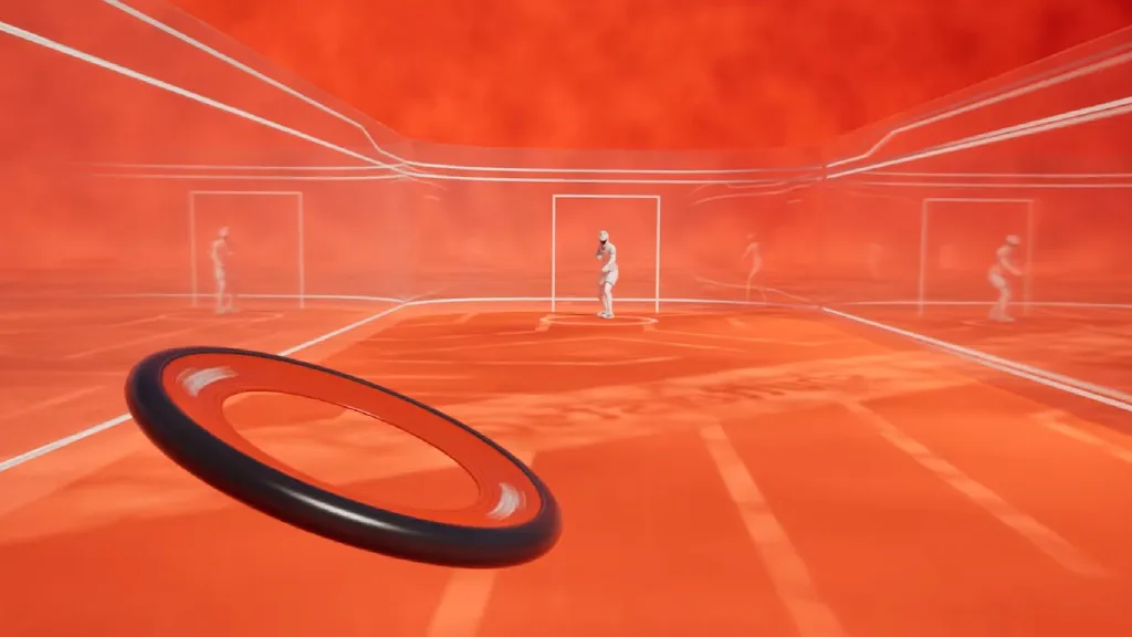 Frisbee-style object flying at a player dressed in all white in an orange arena in DISC VR game