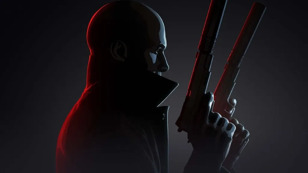 Agent 47 holding two silenced pistols in a shadowed area for Hitman 3 VR Reloaded key art