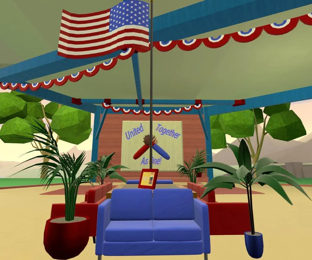 A virtual lobby featuring red and blue couches, plants, and an american flag