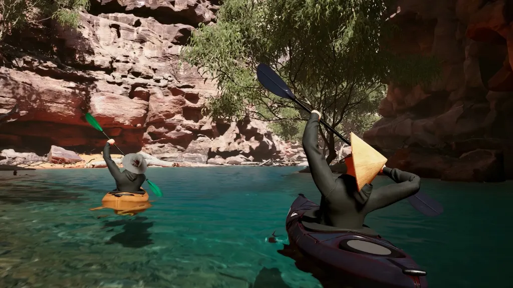 Two players holding up their oars up into the air in Kayak VR: Mirage gameplay screenshot