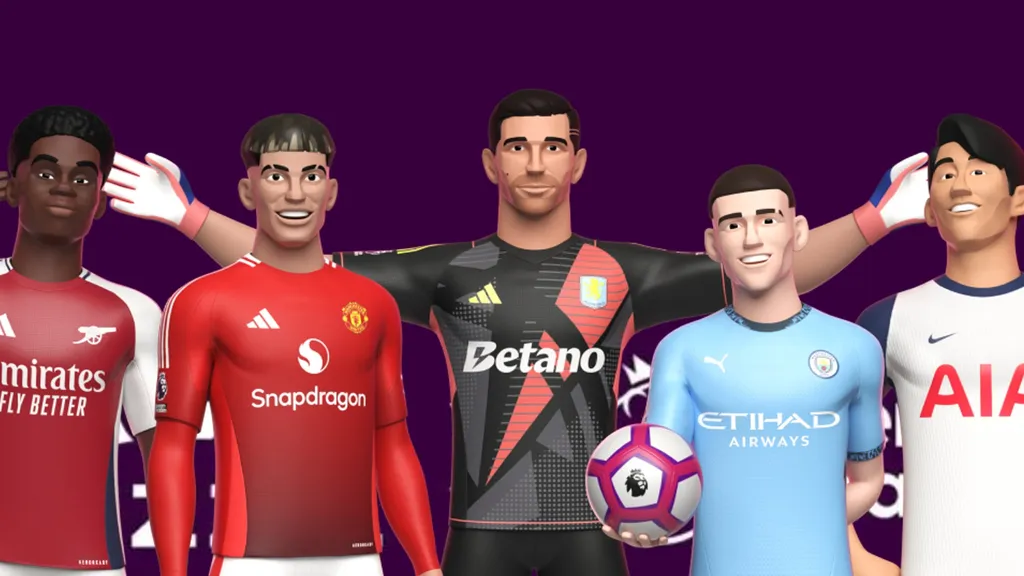 Various soccer players from Premier League Player standing in front of a purple background