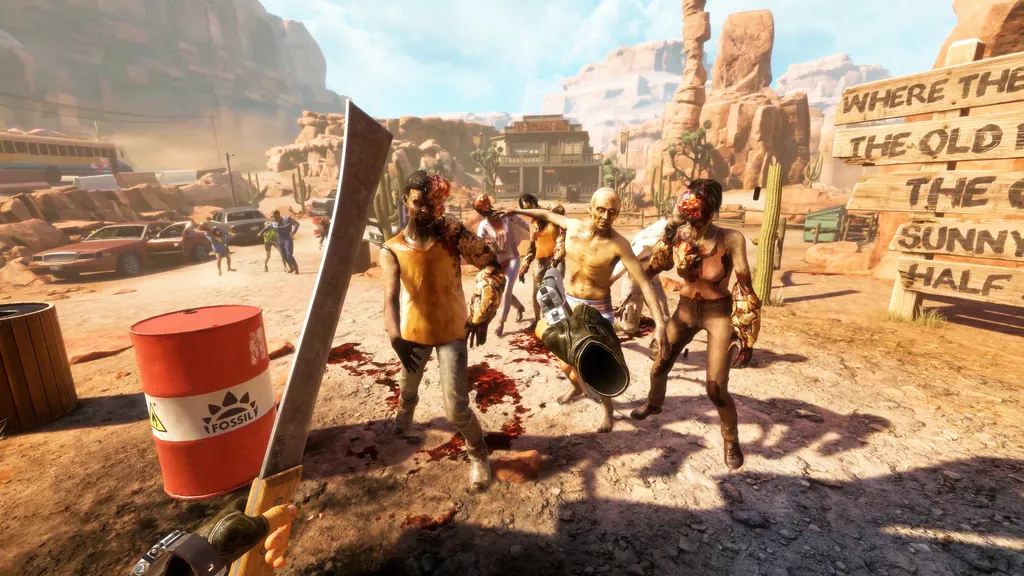 Arizona Sunshine Remake screenshot shows zombie horde in a desert heading towards you