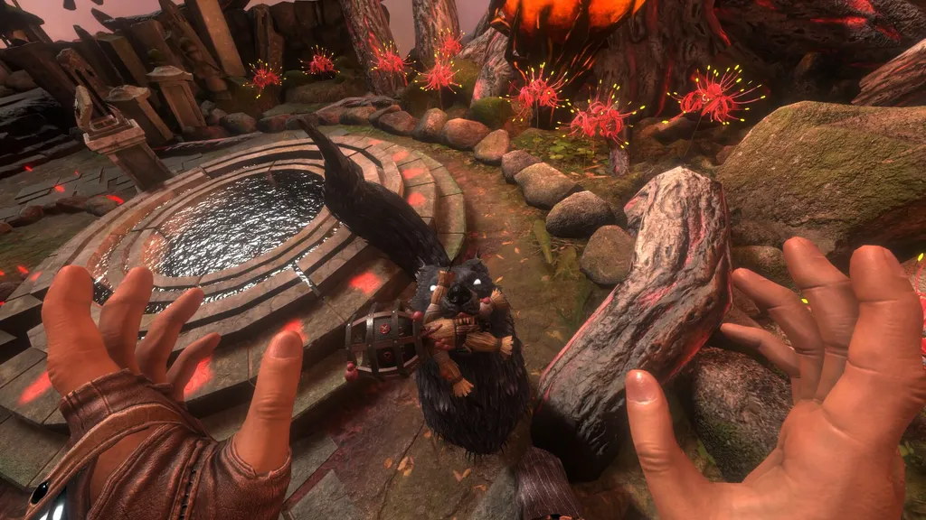 Hellsweeper VR screenshot shows your hands in front of you as your hound holds something in its mouth