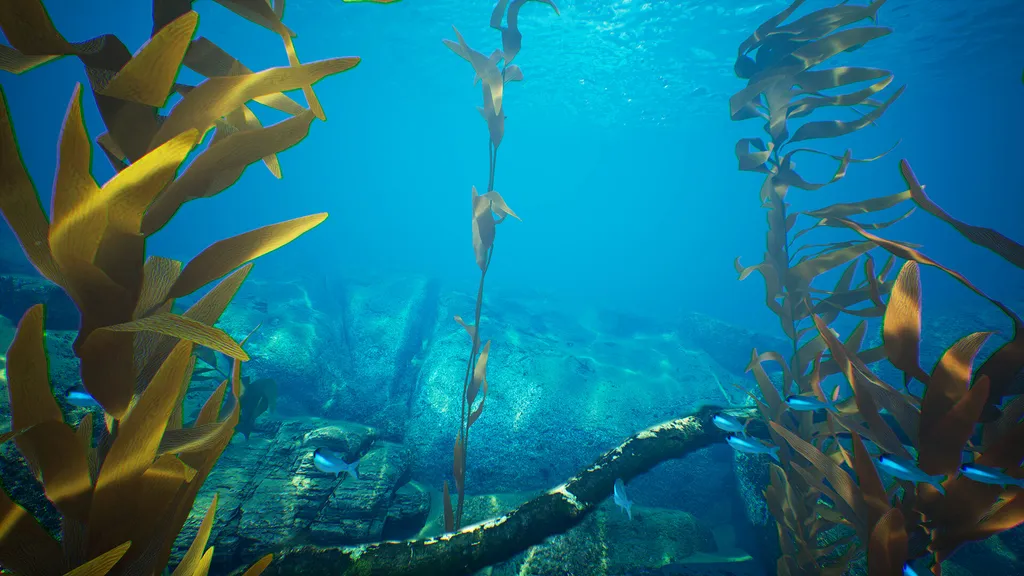 Subside screenshot shows aquatic plant life around yo with a stone wall and some fish in front