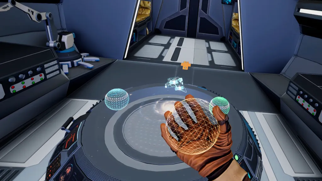 A holographic map on a spaceship in front of a floating hand