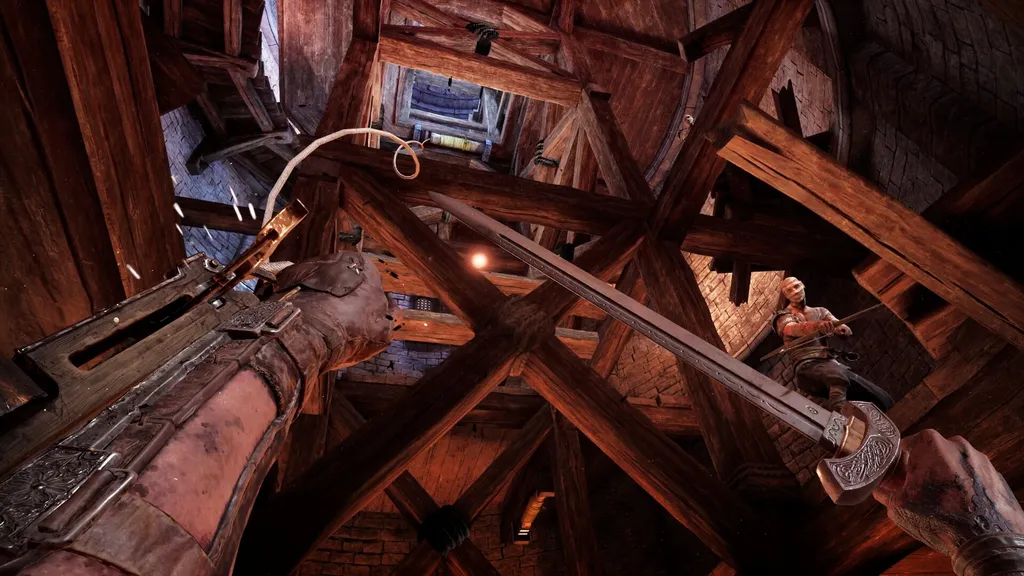 POV of a player using the grapple hook and holding a sword in a mineshaft in Behemoth VR game