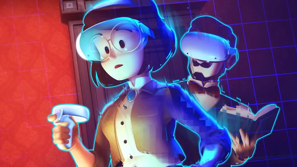 Key art of two people in Escape Simulator VR wearing VR headsets and using Quest controllers