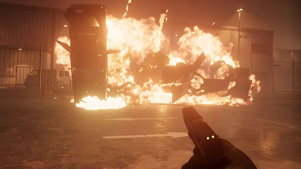 POV of a character watching an explosion while holding a pistol in VR game Gunman Contracts