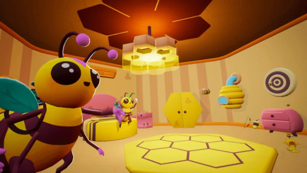 Large cartoon bees inside a bedroom