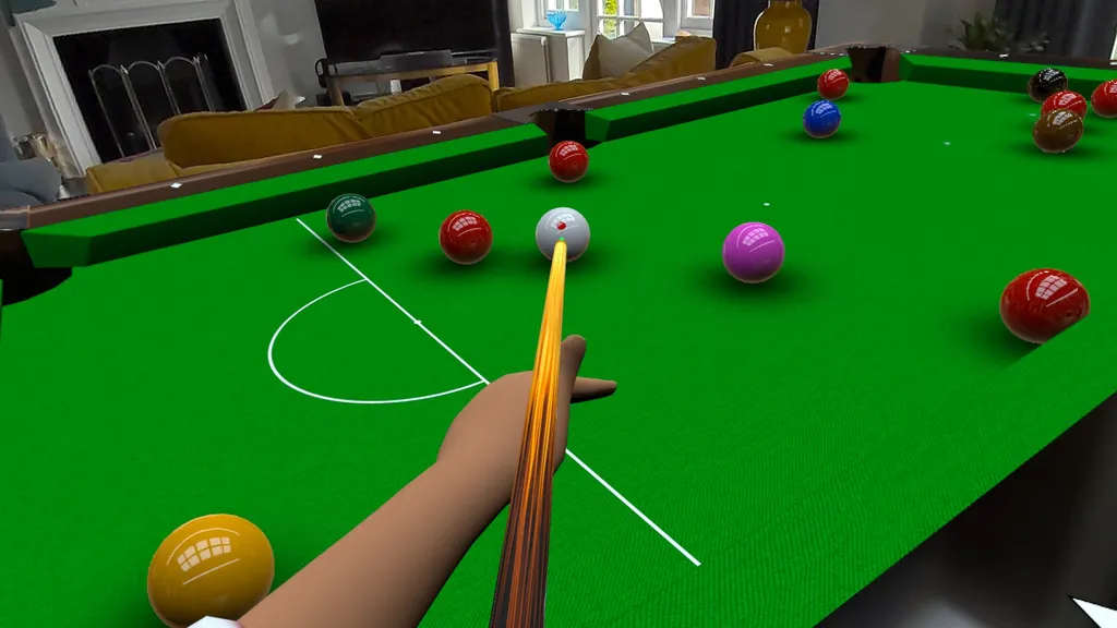 POV of a player hitting a white ball with a cue in MiRacle Pool's Snooker update 