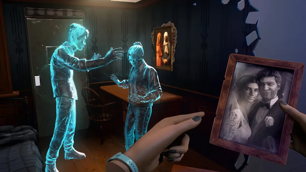 POV of a player looking at some ghostly figures talking and a picture frame in Shattered