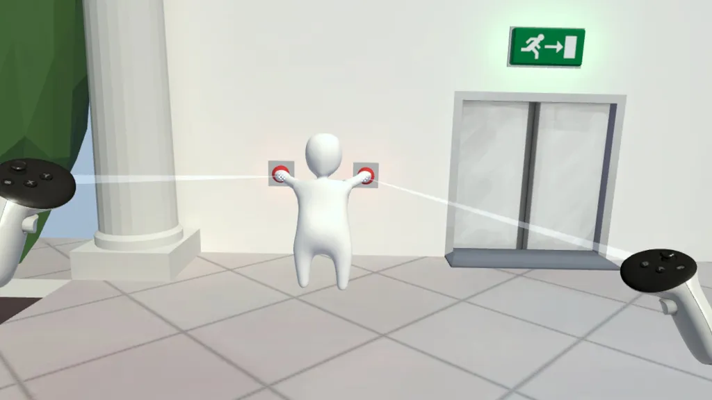 Human Fall Flat VR screenshot shows two controllers guiding a white human-shaped figure's arms